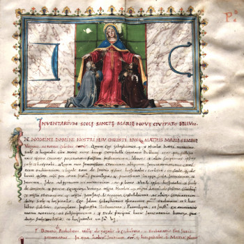 Disegno policromo della Madonna della Misericordia, con capolettera finemente miniato. Ai lati dell’immagine i simboli della corporazione dei pellicciai: presumibilmente un raschiatoio per le pelli e la maniglia del contenitore in cui venivano immerse per la concia.